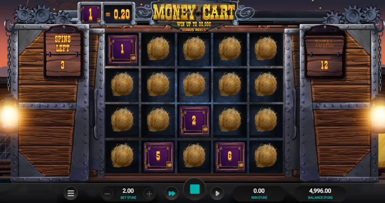 Money Cart (Bonus Reels edition) respins on the 5x4 grid with Bonus symbols from 1 to 6 among tumbleweed blanks, 3 spins left
