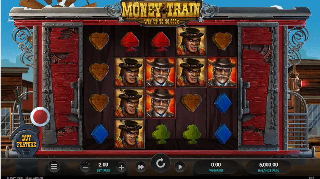 Money Train base game on desktop: the 5x4 grid with the four outlaws, card suits and the crossed-rifles Wild