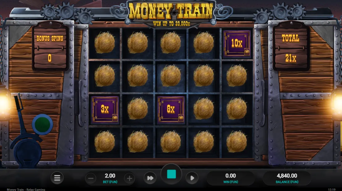 Money Cart bonus round on the 5x4 grid with four Bonus symbols worth 10x, 3x and 6x, zero respins left and a 21x total