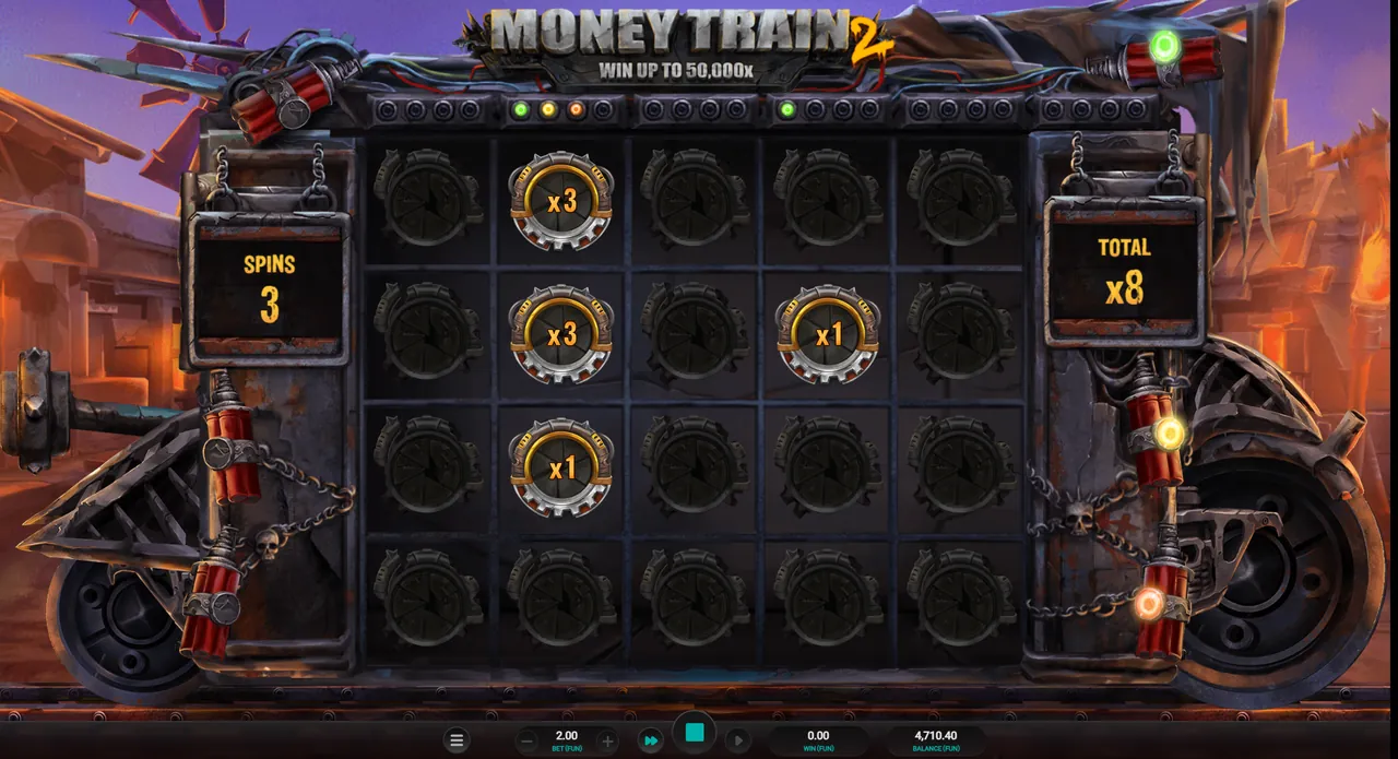 Money Train 2 bonus round in its first respins: six Bonus symbols worth 1x to 3x on the 5x4 grid, 3 spins left and an 8x total