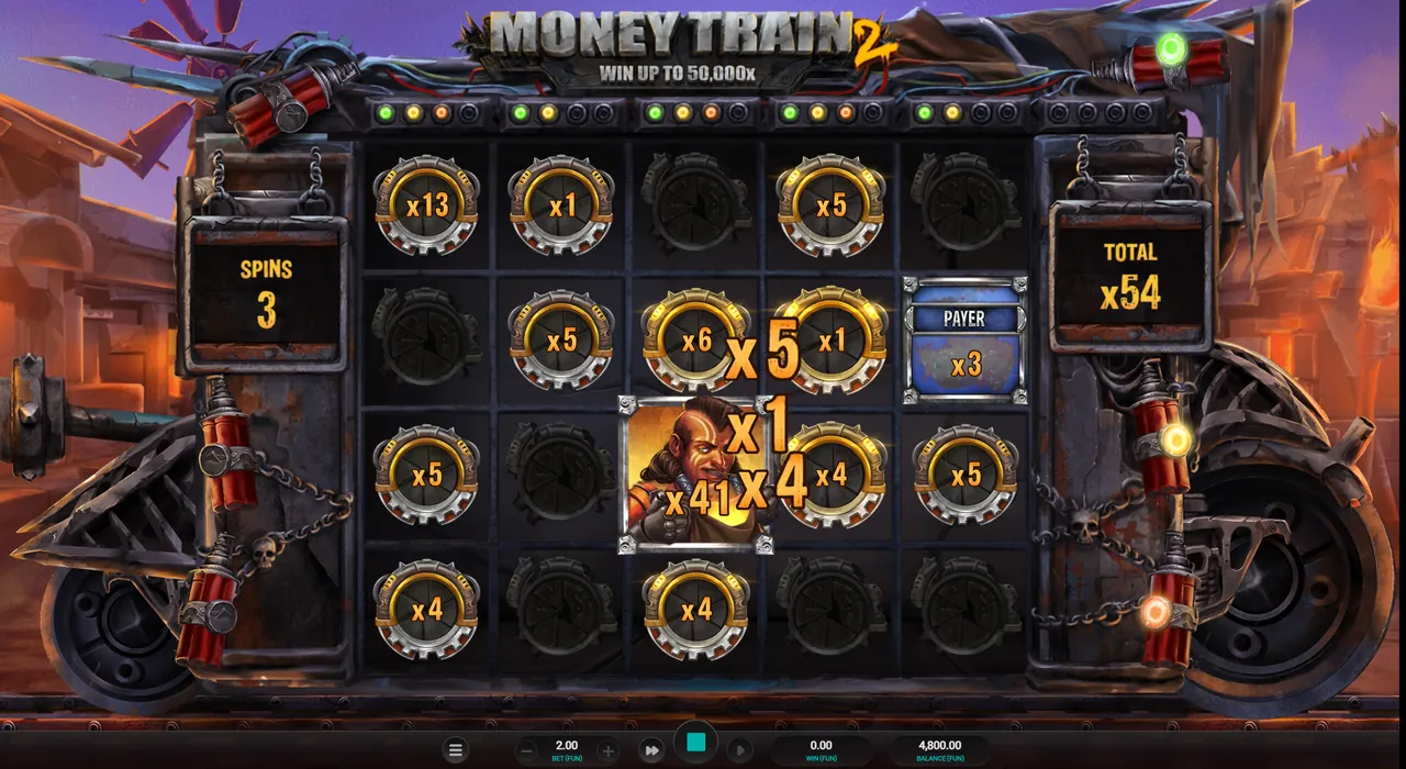 Money Train 2 bonus round with a Payer, a Sniper hit doubling values and Bonus symbols from 1x to 13x, 3 spins left and a 54x total