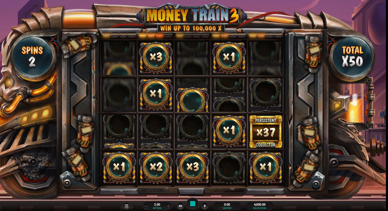 Money Train 3 bonus round with a Persistent Collector worth 37x and Bonus symbols from 1x to 3x, 2 spins left and a 50x total