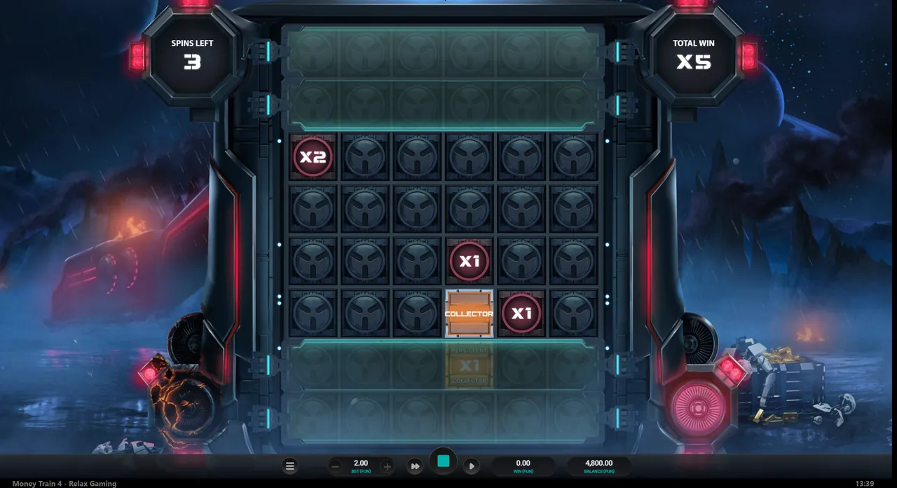 Money Train 4 bonus at the start: the middle four rows of the tall grid open, a Collector and multiplier symbols of 1x and 2x, 3 spins left and a 5x total