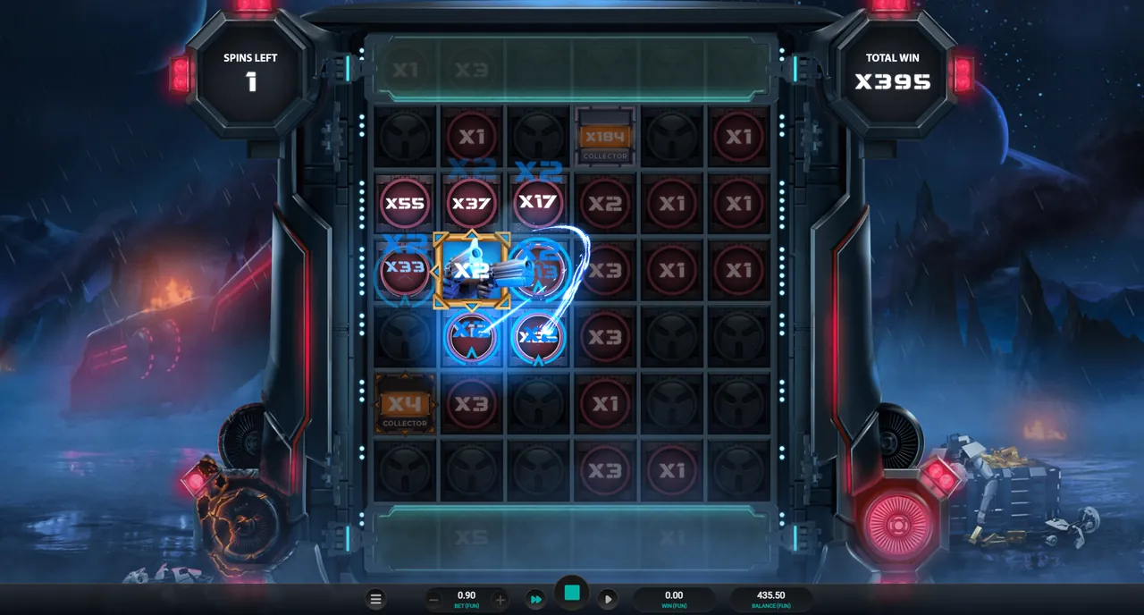 Money Train 4 bonus on the tall grid with a Collector gathering values up to 55x, 1 spin left and a 395x total