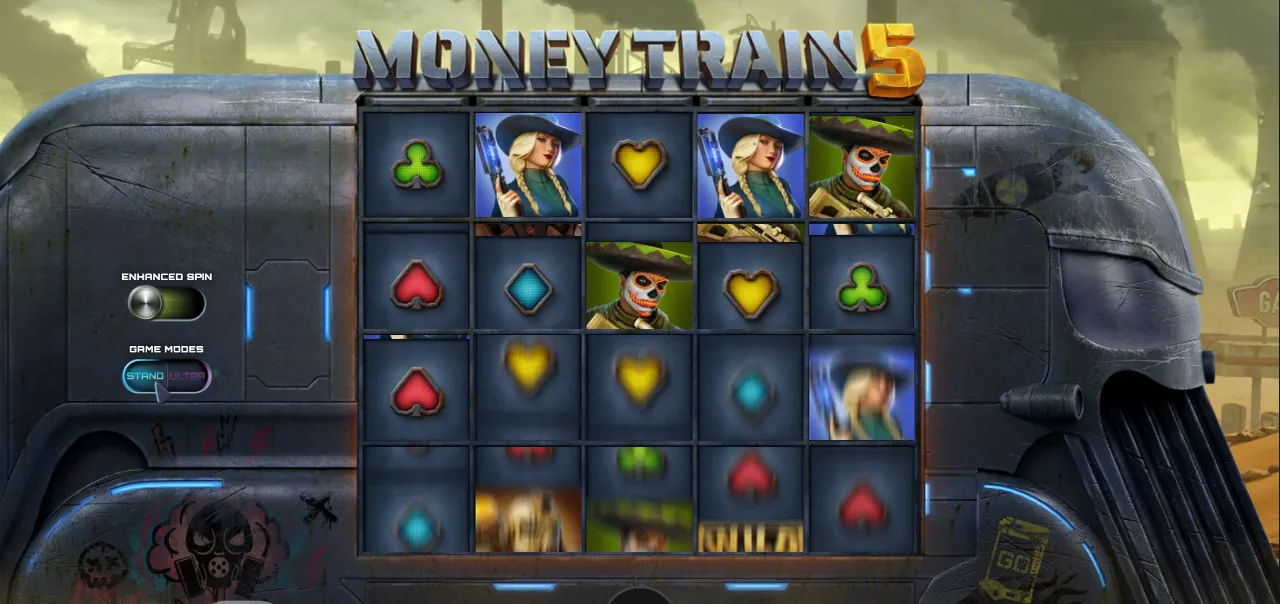 Money Train 5 base game on the 5x4 grid, with the Enhanced Spin and Game Modes (Standard / Ultra) toggles to the left of the reels