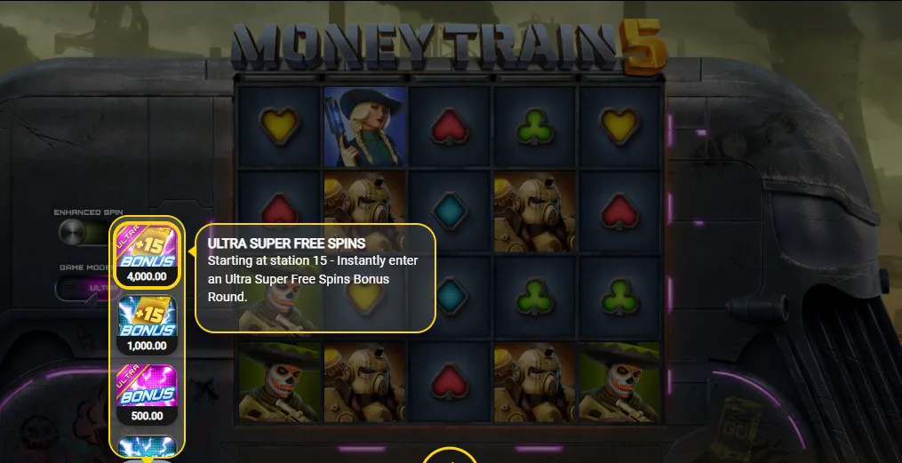 Money Train 5 in-game buy menu with Ultra Free Spins, Super Free Spins and Ultra Super Free Spins and their prices at a 2.00 bet