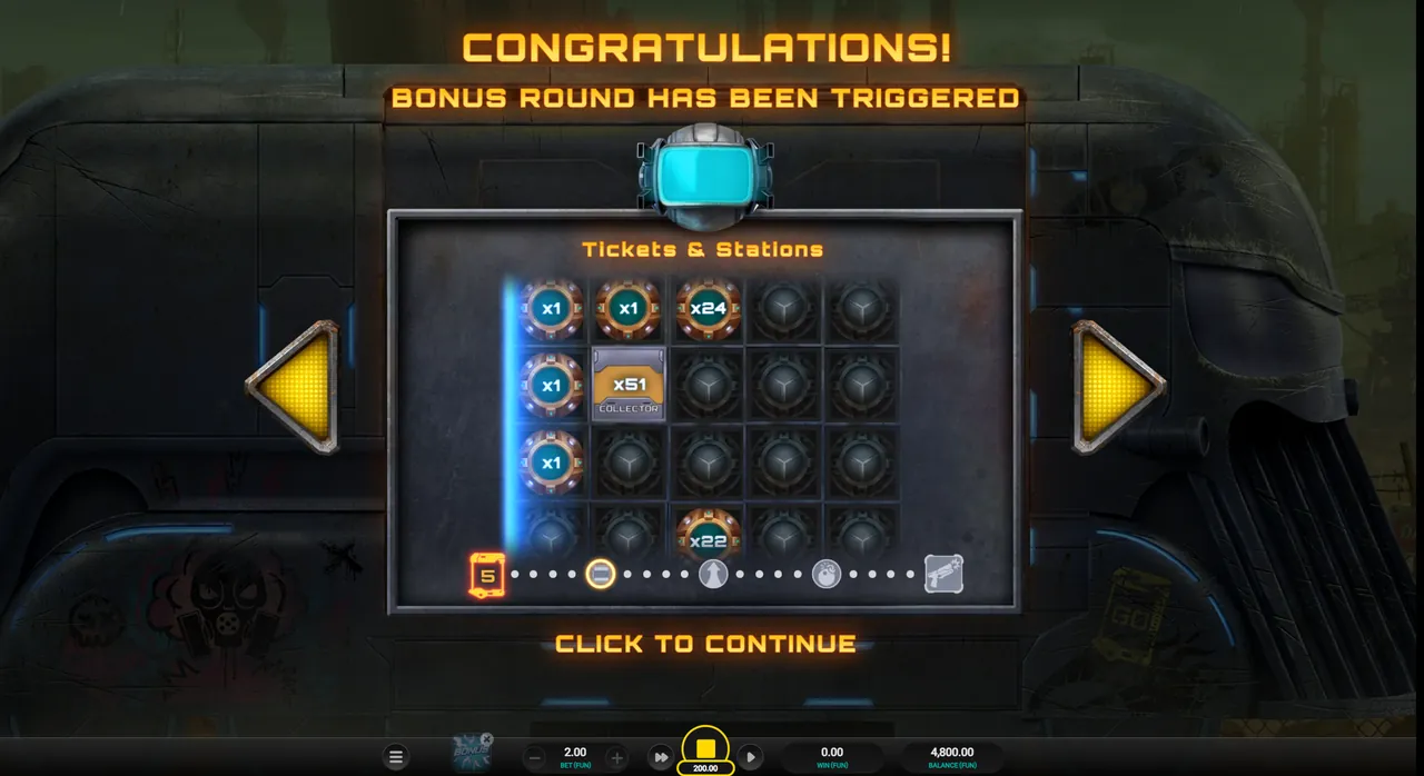 Money Train 5 bonus intro screen: the Tickets and Stations panel with the station track under the grid