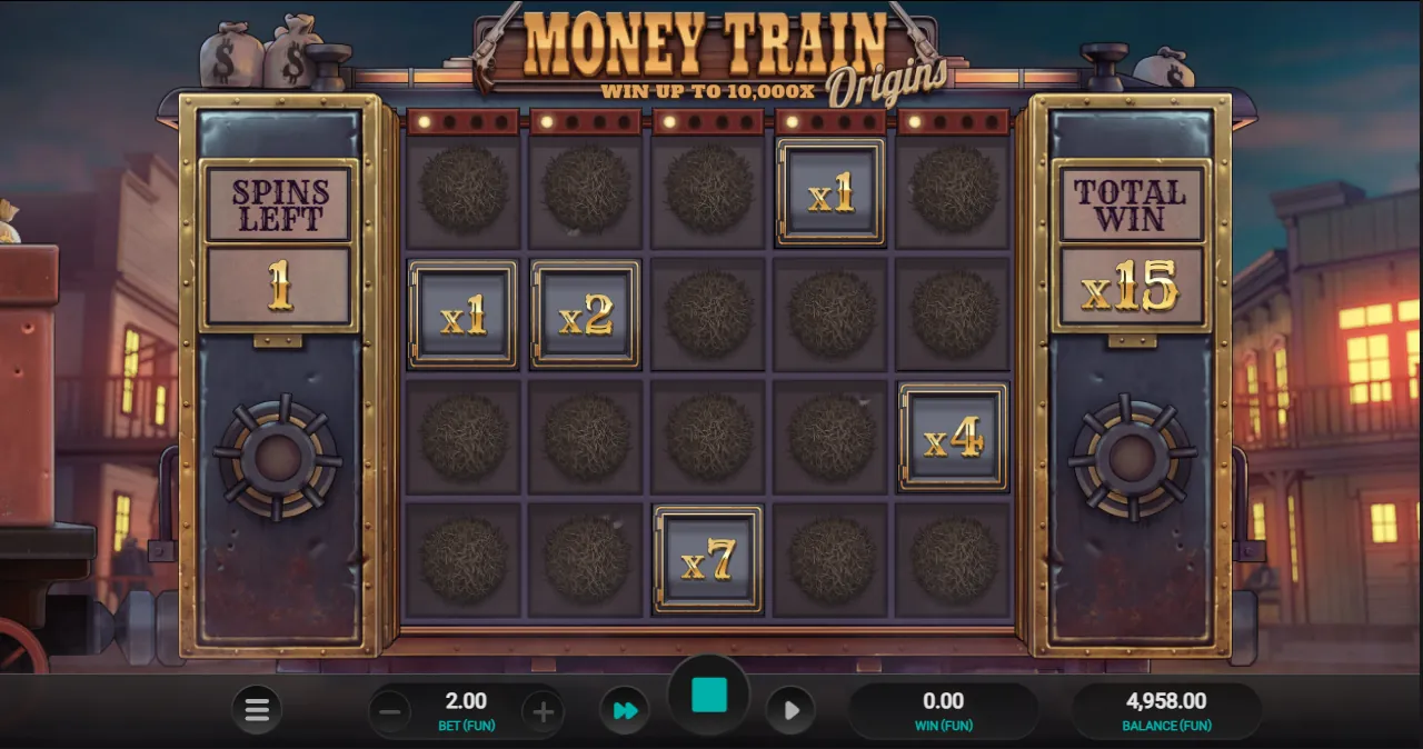 Money Train Origins Dream Drop bonus on the 5x4 grid with Bonus symbols from 1x to 7x, 1 spin left and a 15x total