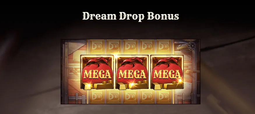 Dream Drop Bonus rules screen showing three red Mega jackpot bags with gold bars