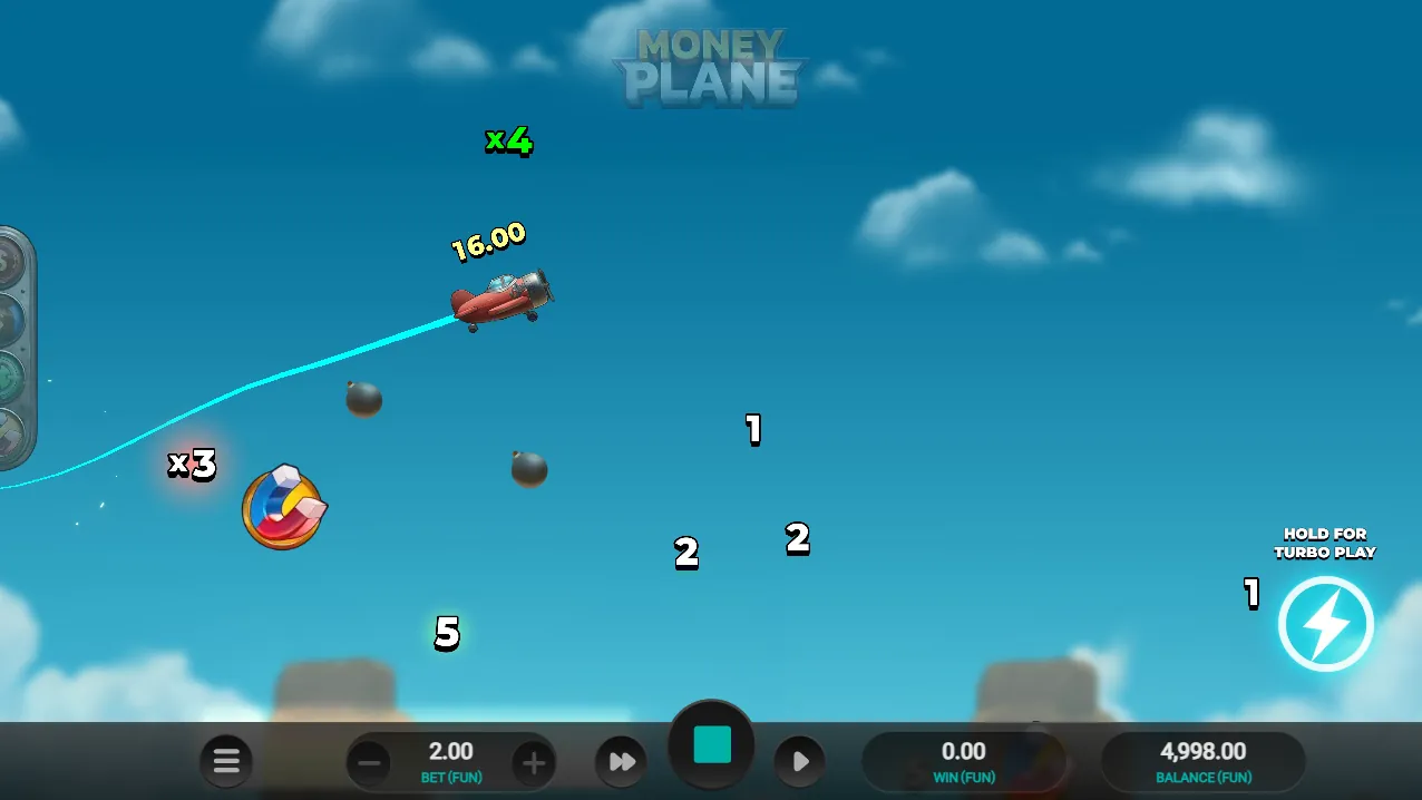 Money Plane in flight at 16.00, with number icons and multipliers of 3x and 4x in the sky