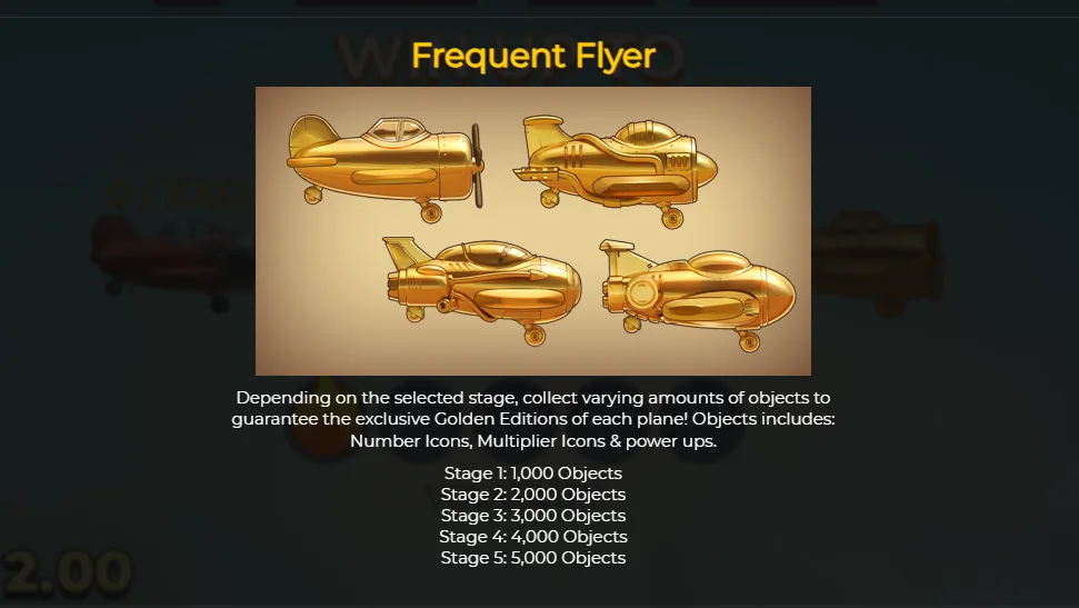 Money Plane Frequent Flyer rules screen with four golden planes and the object targets for stages 1 to 5, from 1,000 to 5,000 objects