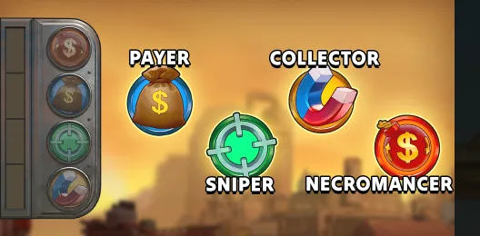 Money Plane rules picture of the four power-ups: Payer money bag, Collector magnet, Sniper crosshair and Necromancer coin, next to the four-slot charger