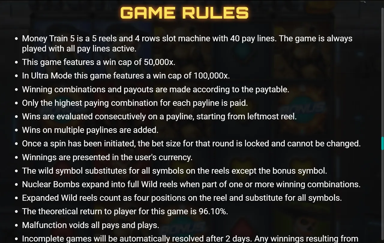 Money Train 5 game rules screen listing the 50,000x and 100,000x Ultra caps and the line: the theoretical return to player for this game is 96.10%