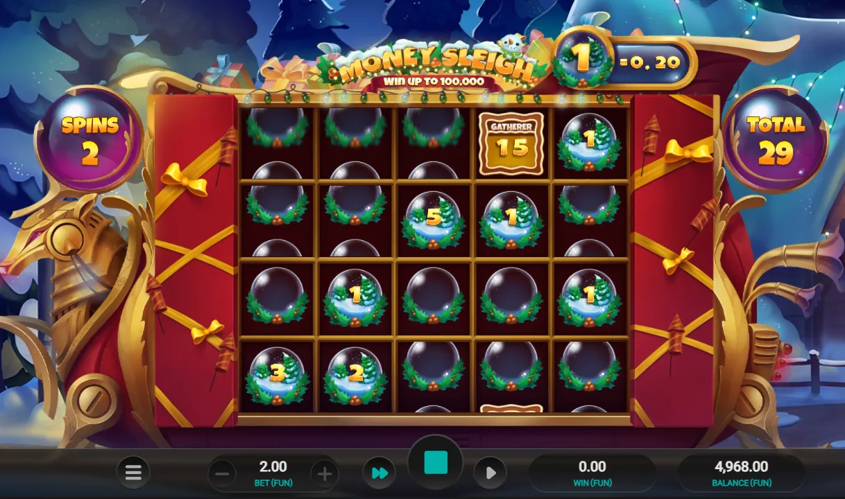 Money Sleigh respins with snow globes worth 1 to 5 and a Gatherer worth 15 on the grid, 2 spins left and a total of 29