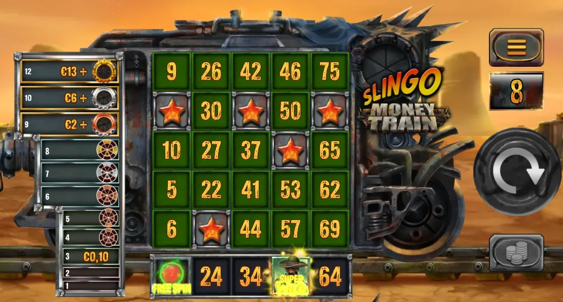 Slingo Money Train 5x5 card with marked numbers, a Free Spin and a Wild on the reel, the Slingo ladder on the left and 8 spins left